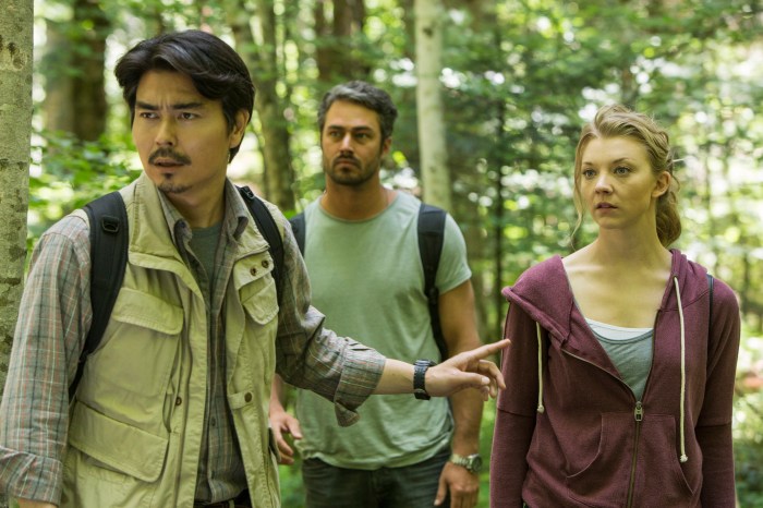 (L to R) Yukiyoshi Ozawa as Michi, Taylor Kinney as Aiden and Natalie Dormer as Sara Price in Jason Zada’s THE FOREST, a Gramercy Pictures release.Credit : James Dittiger / Gramercy Pictures