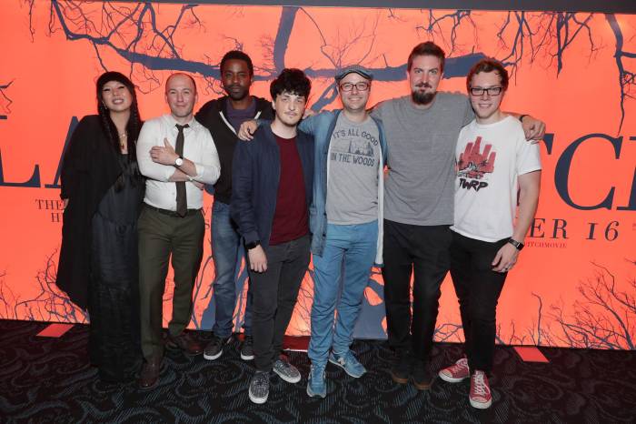 Producer Jessica Wu, Writer Simon Barrett, Brandon Scott, Wes Robinson, Producer Keith Calder, Director Adam Wingard and James Allen McCune seen at Lionsgate's "Blair Witch" screening at 2016 Comic-Con on Friday, July 22, 2016, in San Diego, CA. (Photo by Eric Charbonneau/Invision for Lionsgate/AP Images)